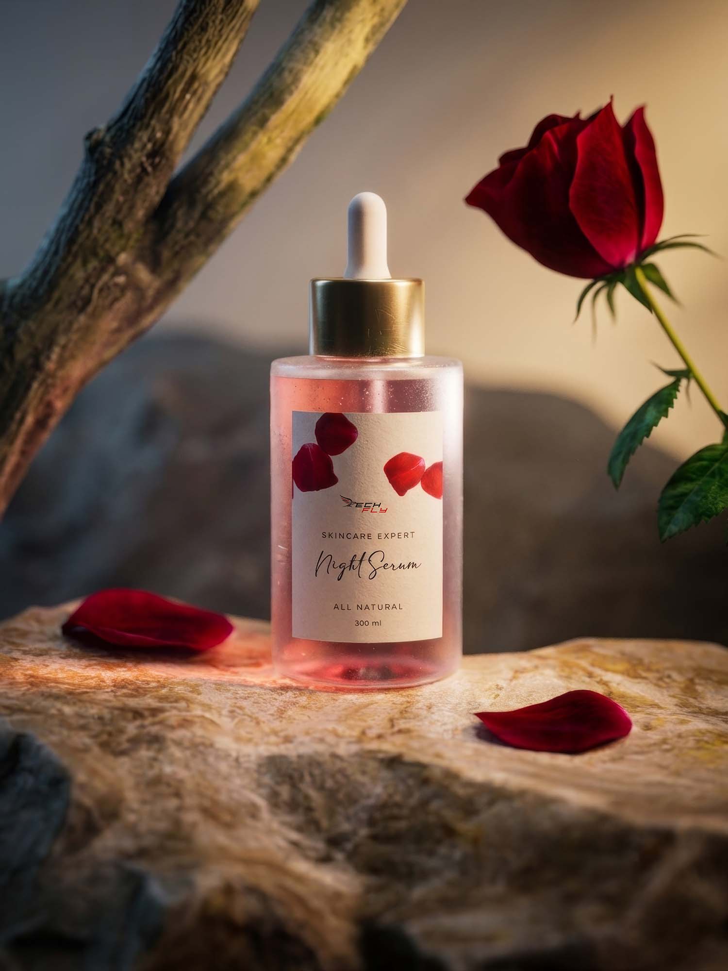 Rendering fotorealistico di un flacone di Siero cosmetico